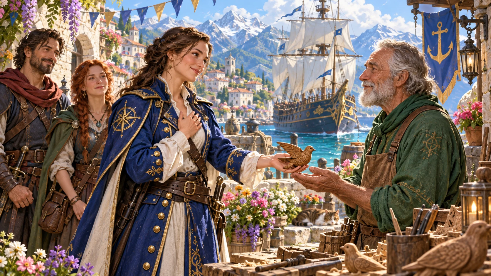 Illustrated adventurer offers a carved bird keepsake to an older craftsperson beside a harbour as companions witness a promise.
