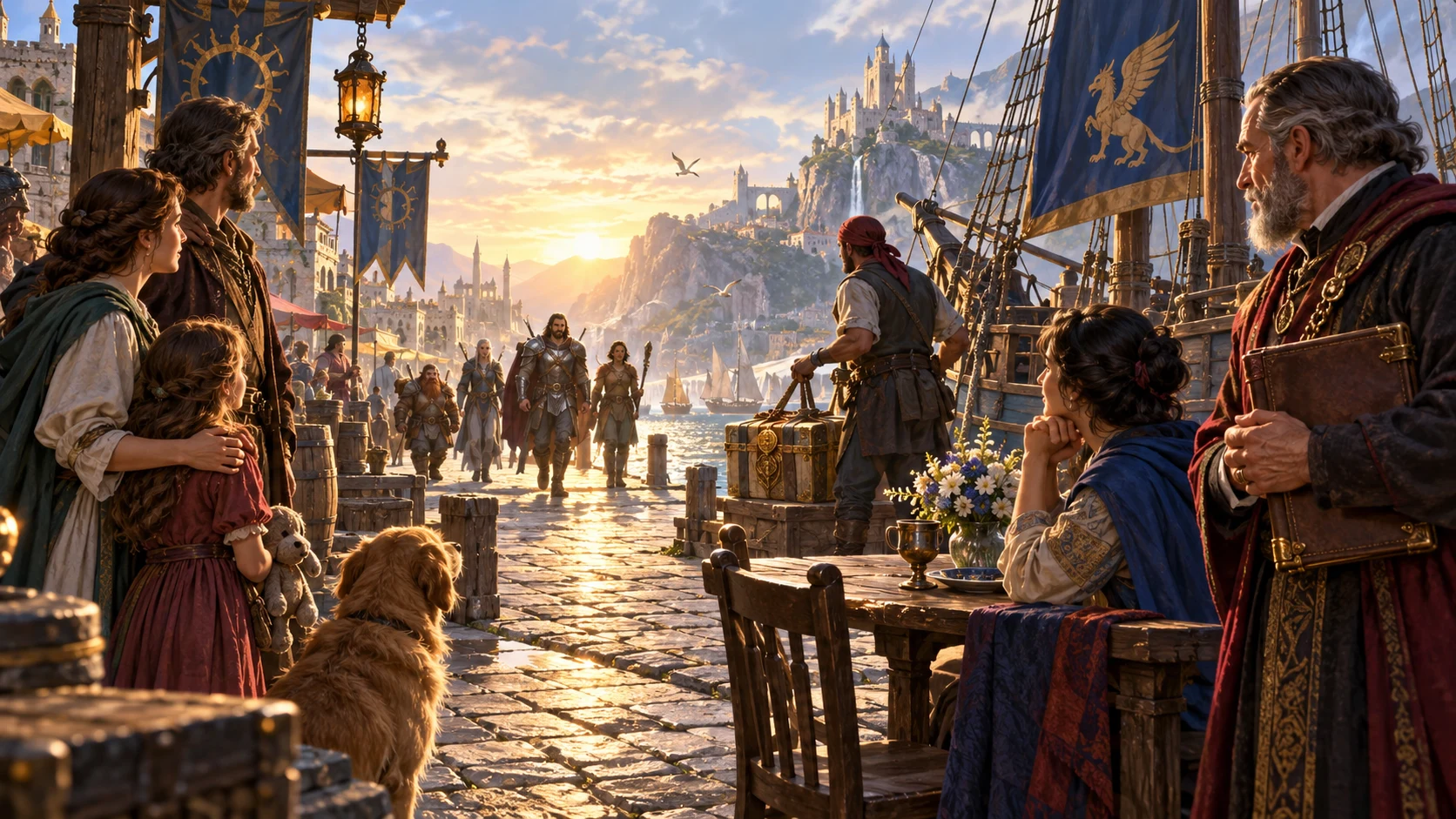 Illustrated family, creditor and friend wait at a harbour as adventurers return, leaving the promise’s outcome for the table.