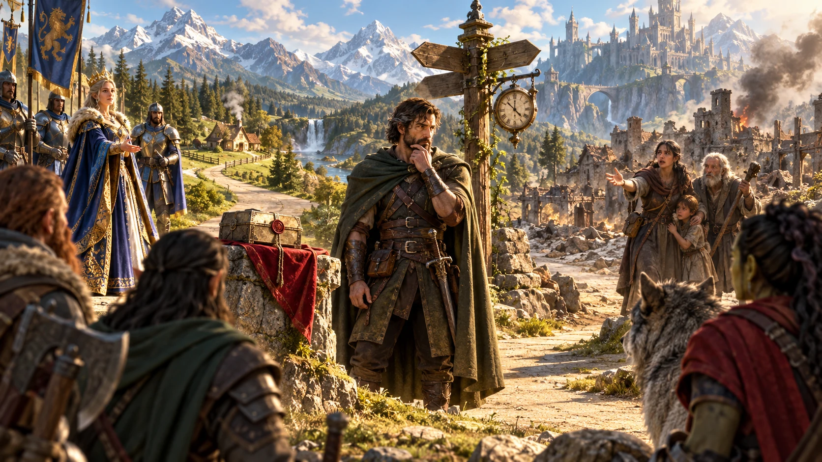 Illustrated adventurer considers a road junction, a royal offer and a damaged home village while companions watch.
